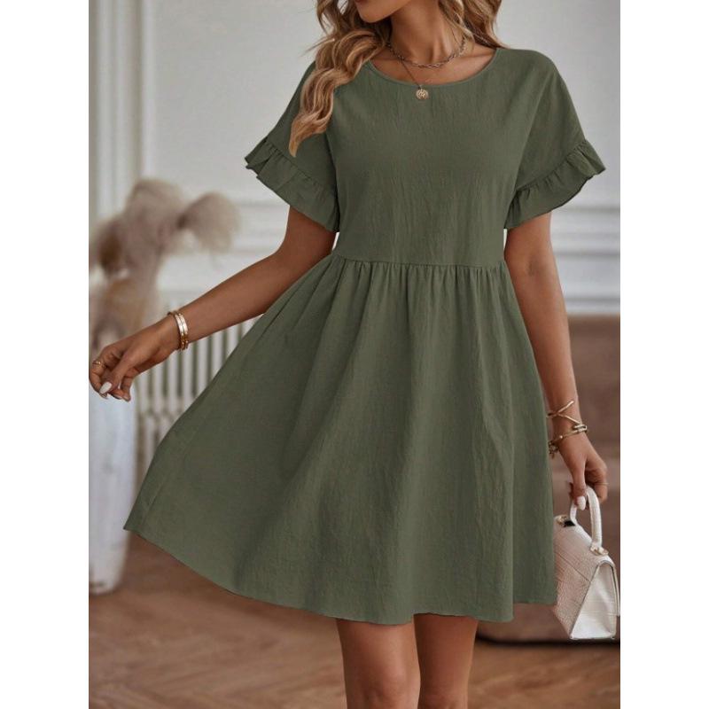 Ladies' Loose Cotton and Linen Skirt Dress with Round Neck and Pockets