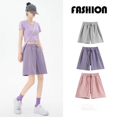 Women Solid Color Sport Casual Elastic Waist Shorts Drawstring Wide Leg Pants Summer Cotton Linen Beach Shorts