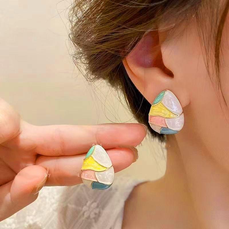 Colorful Glaze Water Drop Women's Stud Earrings Blue Pink Enamel Multi-colored Grids Small Square Earrings for Girls Boho Jewery