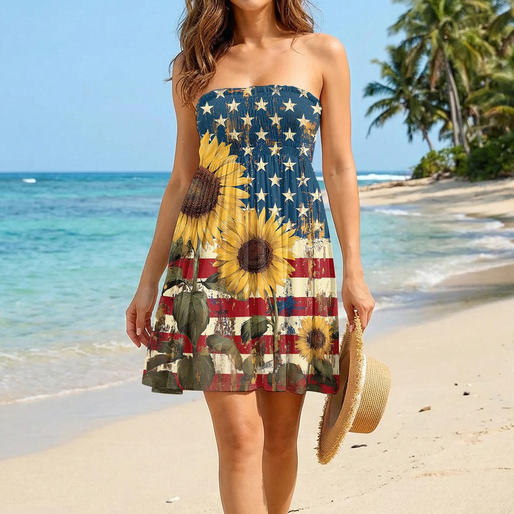 Women's Strapless Casual Dress Sleeveless Star Print Tube Top Design Comfortable Fit for Summer and Holidays