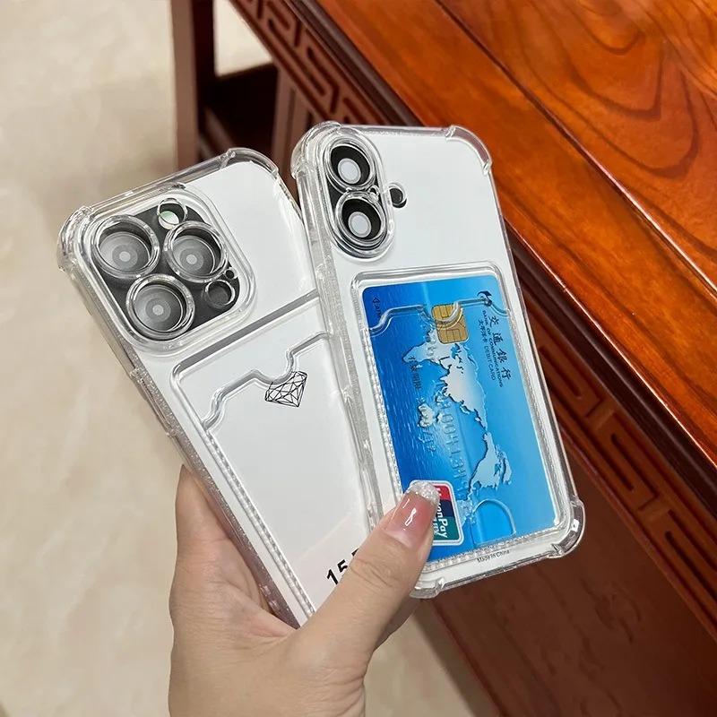 Fashion Soft Card Holder Bag Case For 17 16 15 14 13 12 11 18 Pro X XR Max 7 8 Plus 16e Air Transparent Shockproof Cover