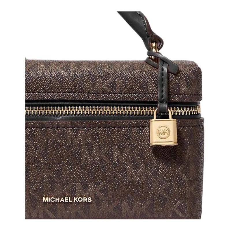 Michael Kors Jana Signature Zip Closure Gold Hardware Coated Canvas Tote Mini Women's Brown