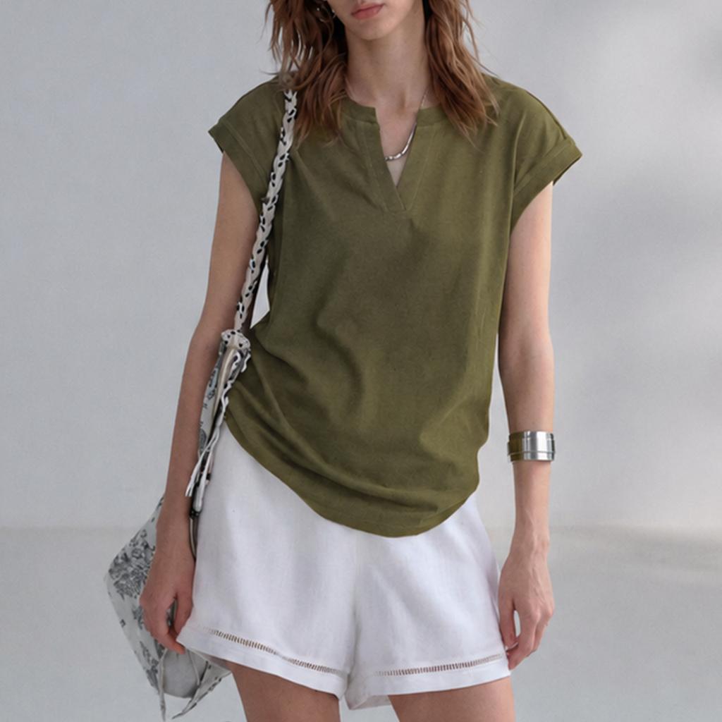 [Limited-time special offer] Quiet luxury hemp T-shirt, relaxed small V-neck shoulder-sleeved cotton and linen T-shirt, women's summer simple short sl