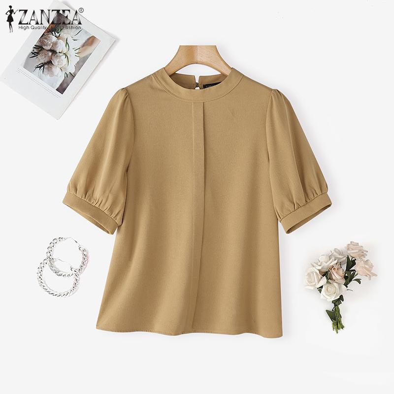 ZANZEA Women Casual Stand Collar Solid Color Summer Half Sleeve Blouse