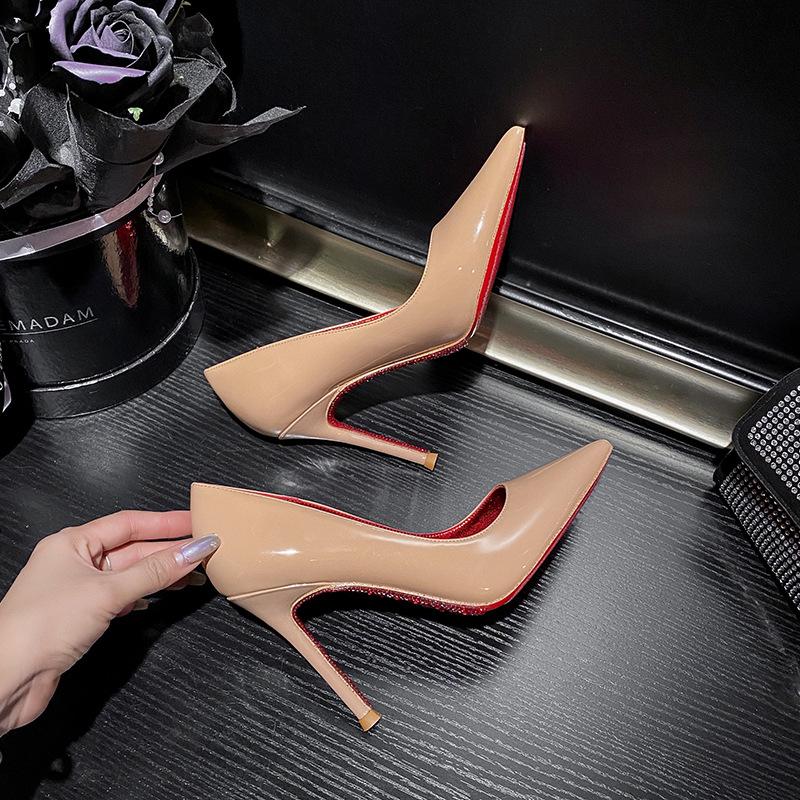 2026 New Red-soled Pointed High-heeled Shoes for Women, Beautiful Thin-heeled Temperament, Black High-heeled Patent Leather Single Shoes for Women