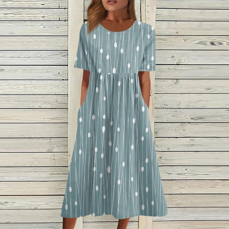 

Летнее Повседневное Платье Миди с Принтом Женское Свободное С Коротким Рукавом Круглый Вырез Плиссированное Базовое Классическое Повседневное Для Улицы M