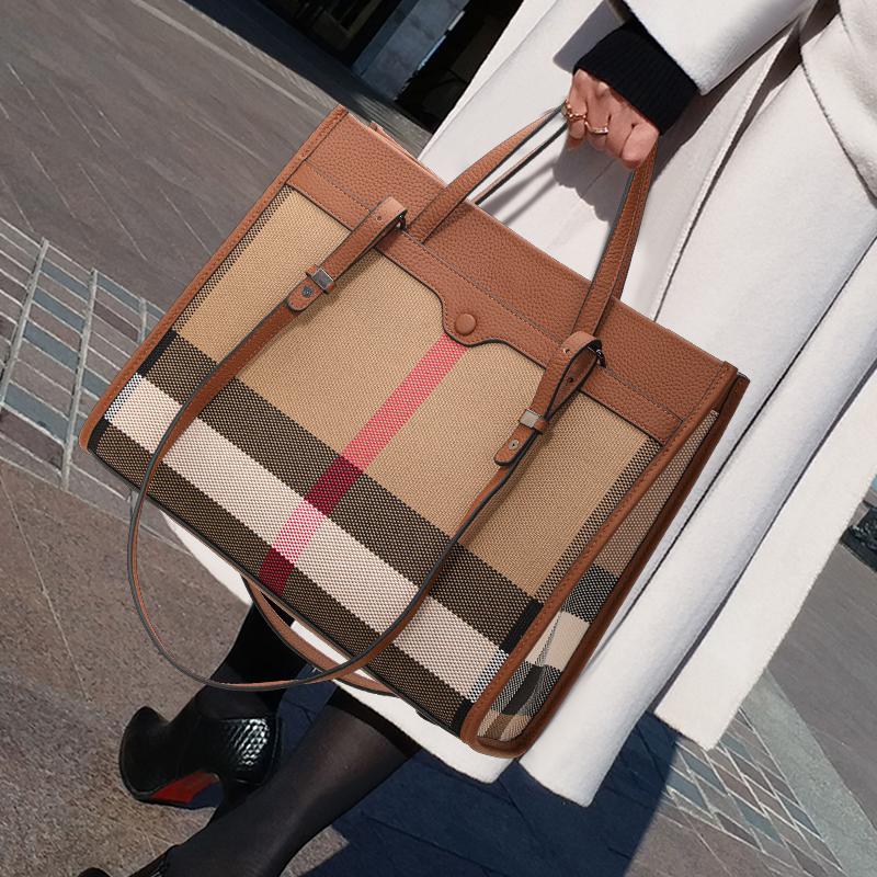 Aidrani Classic Plaid Women's Bag, Large Capacity Portable Shoulder Bag, Canvas Patchwork Cowhide, Square Handbag