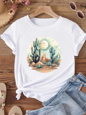 (Asiatisk storlek) Kvinnor Blomma Kaktus Växt Trend Söt Kortärmad Modekläder Fritidströja Kvinnligt tryck Lady Tee Top Grafiska T-shirts