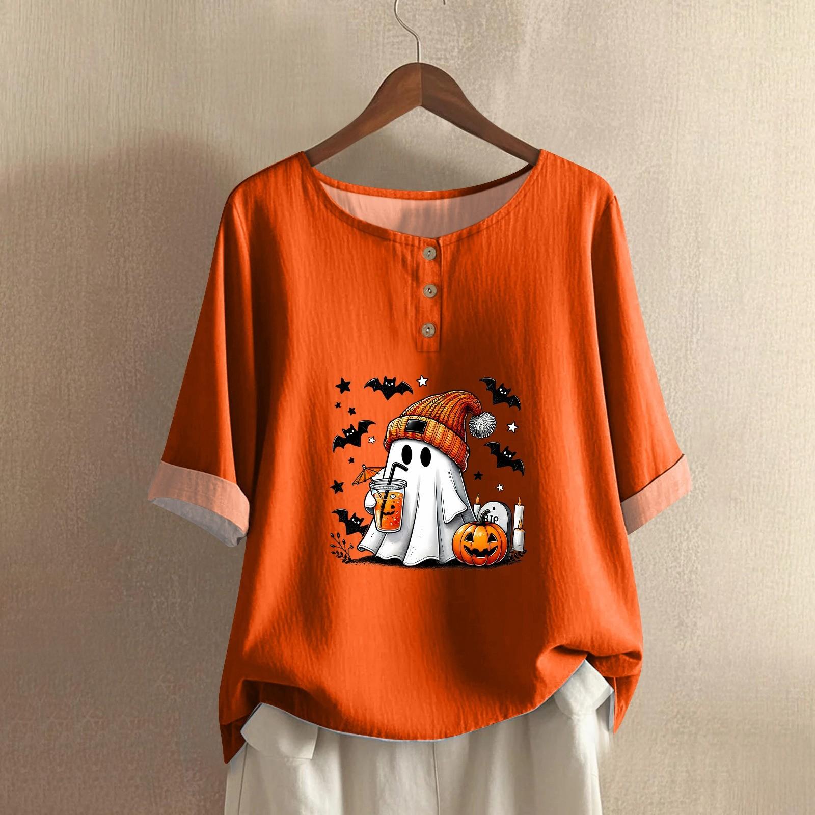 

Женская модная и повседневная рубашка с полурукавом, круглым вырезом, принтом, из хлопка и льна, блузка-топ S