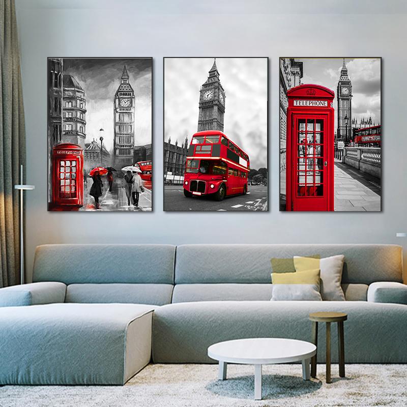 Modern Tower Building Red Buss Lover Canvas Painting Poster City Wall Art Print Decorative Picture Modern Living Room Home Decor Unframed