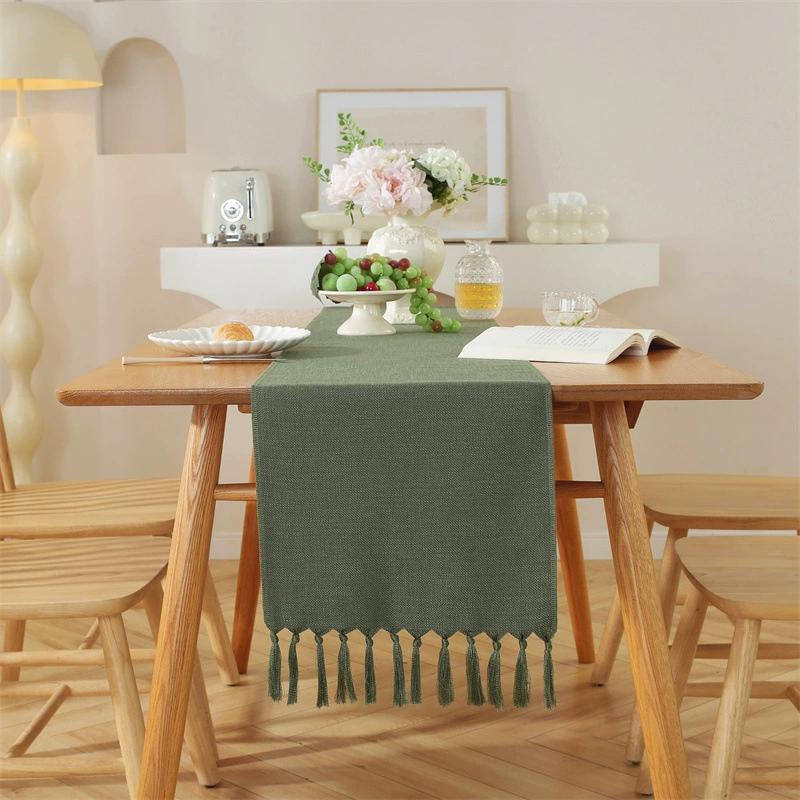 Tassel Table Runner, Linen Blend Rustic Farmhouse Style Kitchen Table Decoration Holiday Wedding Party Dinning Decor