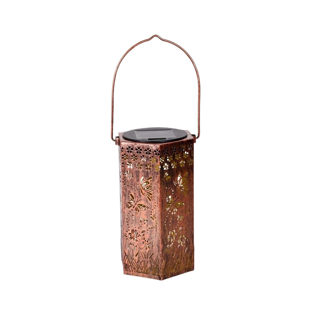 Solar Powered Outdoor Garden Lantern with Decorative Cutout Metal Frame Hanging Handle for Patio Yard Pathway Lighting