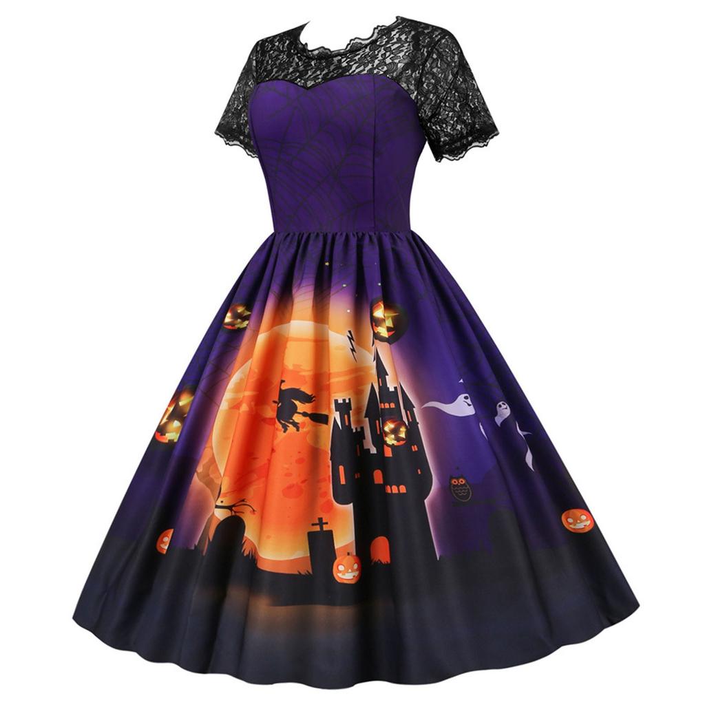 Women's Casual Halloween Print V-Neck Zip Short Sleeve Lace Panel Swing Dress