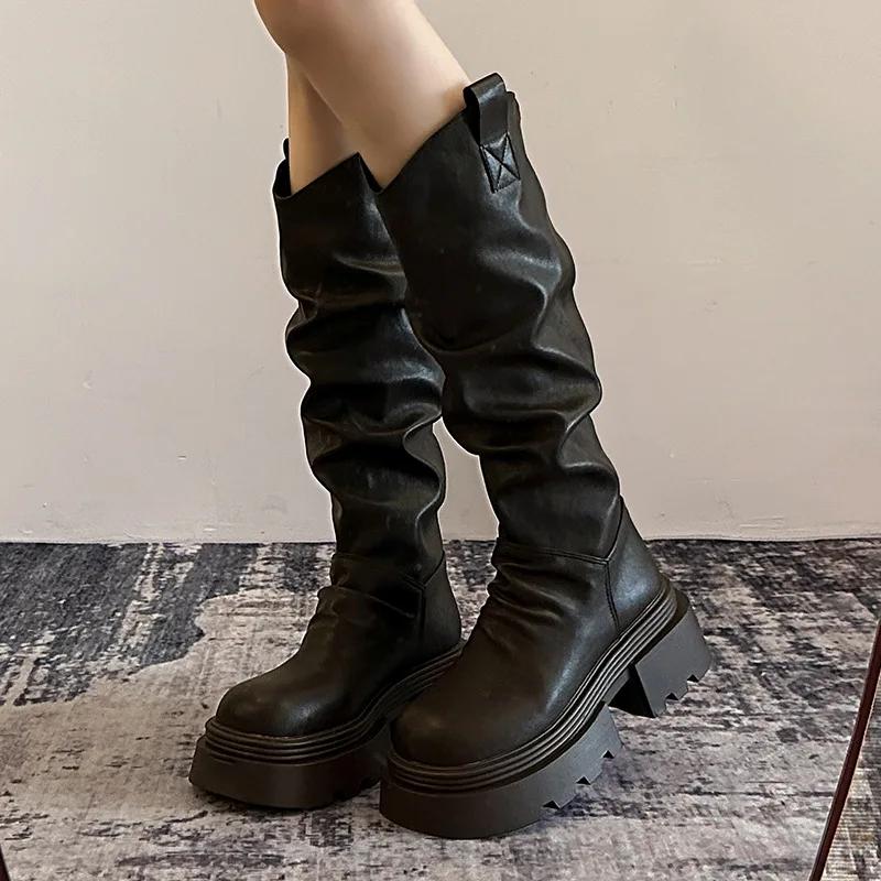 

Осень Зима Платформа Толстая Подошва Женские Длинные Сапоги Мода Обувь Слипоны Винтажные Женские Рыцарские Боты 2025 35 коричневый