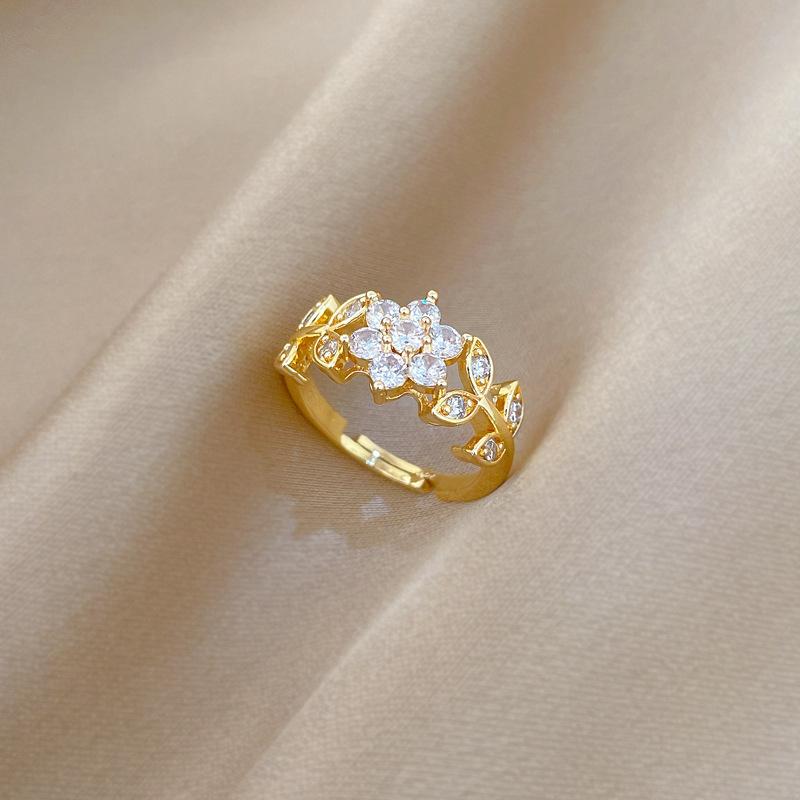 Real Gold Light Luxury Flower Full Diamond Ring Opening Adjustable Simple Jewelry Japanese Ring Couple Ring
