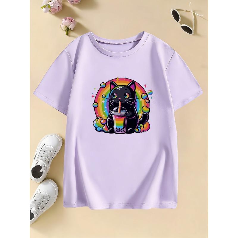 Summer and Spring Casual Top Cartoon Cat Drinking Juice Rainbow Design T-Shirt for Boys and Girls