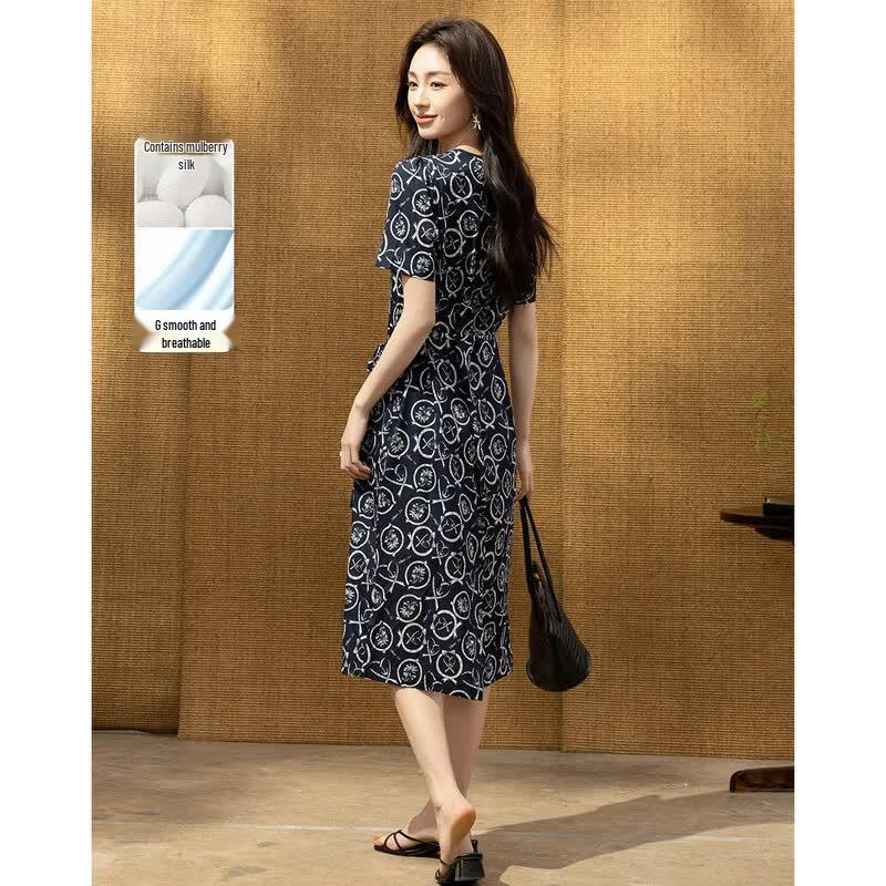 Demana Women s 19MM Silk Print Puff Sleeve Midi Dress S