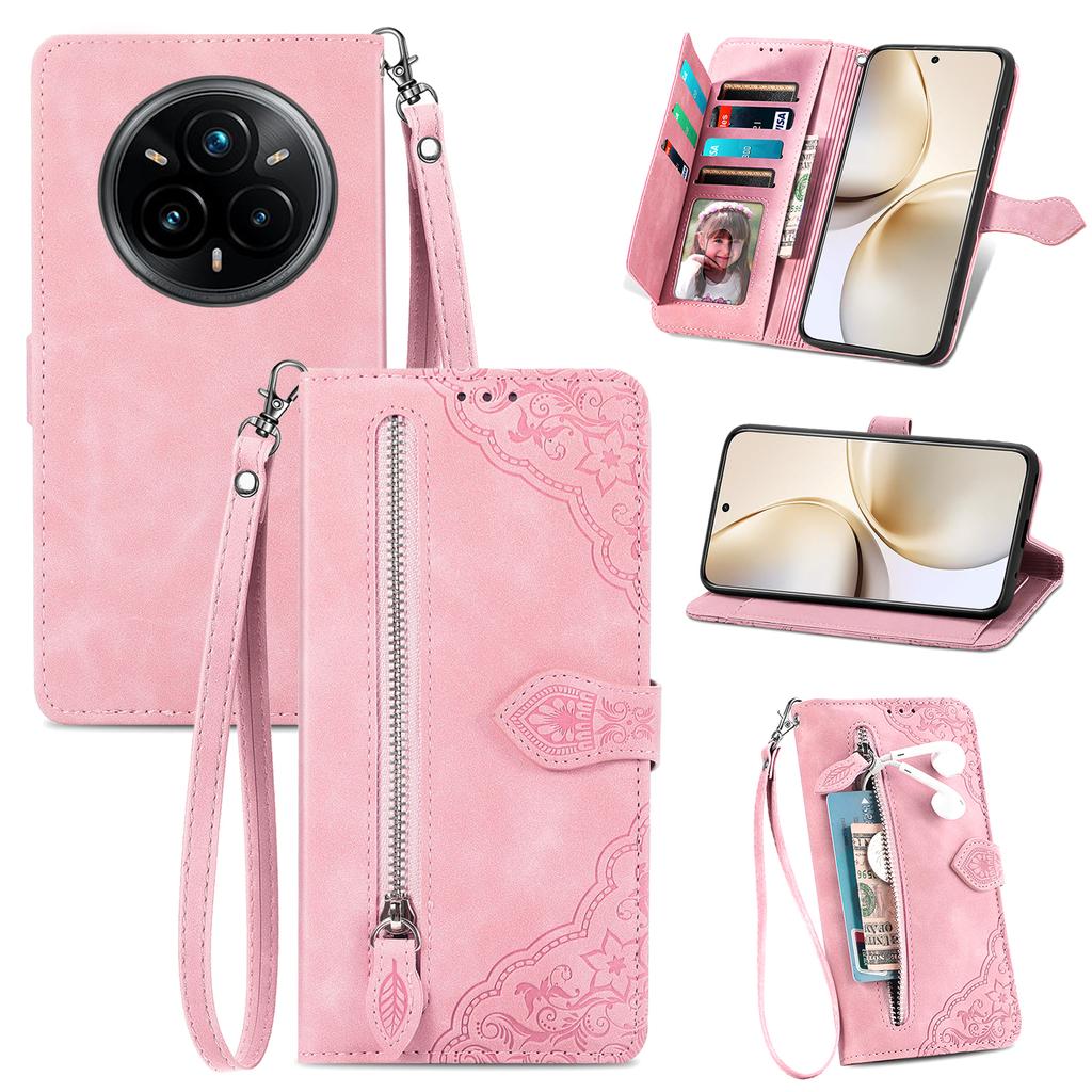 For Realme 14 Pro 5G Zipper Wallet Case with Strap Flower Imprint PU Leather Phone Cover