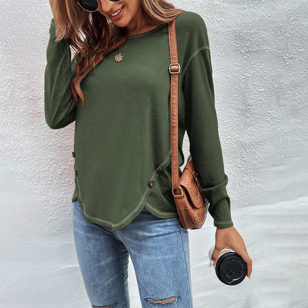 T-shirt Femme Couleur Lâche Boutonnage Bord Irrégulier Manches Longues