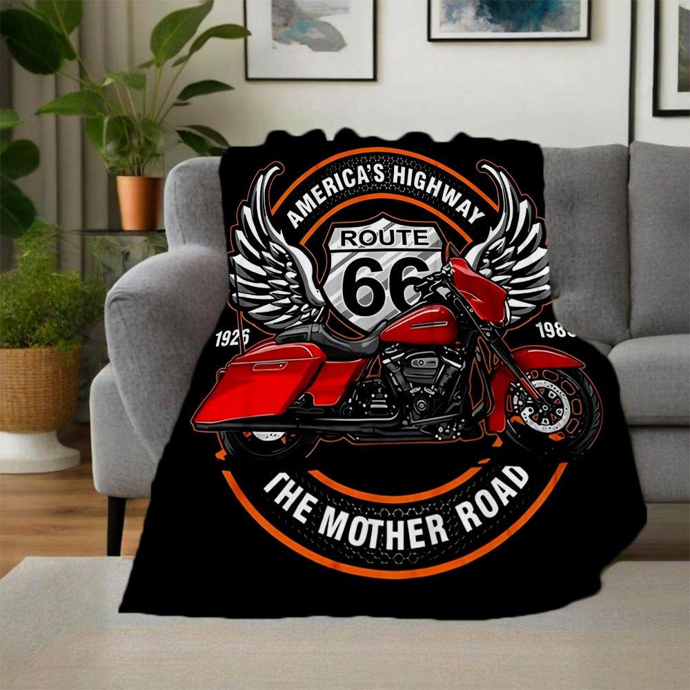 Route 66 Motorcycle T-Shirt - America's Highway TeeBlanket Flannel Throw Blanket for Sofa, Bed, Travel, Camping, Office, Couch, Chair, And B