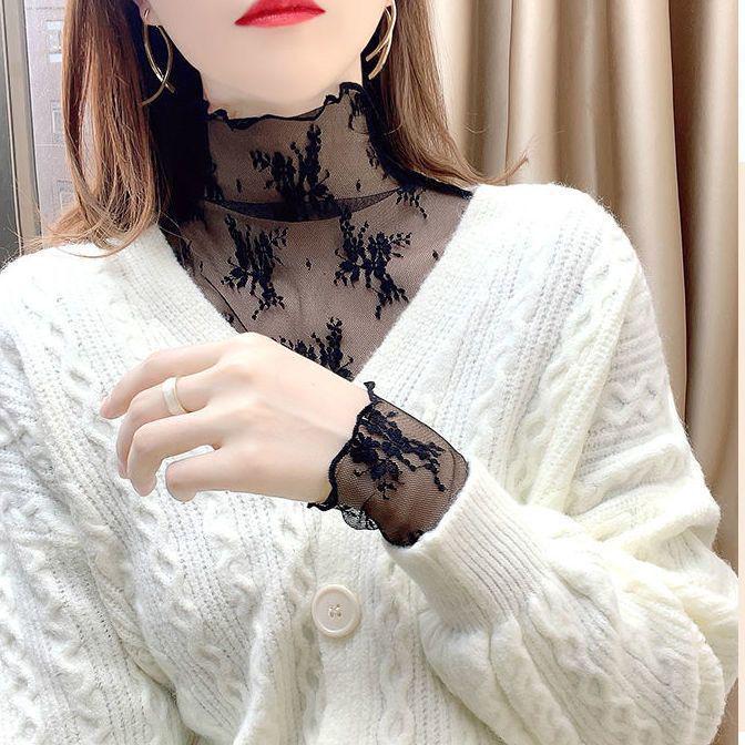 Blusa de Gaze com Renda de Gola Alta Outono/Inverno - Elegante Suéter Interno de Malha Branca