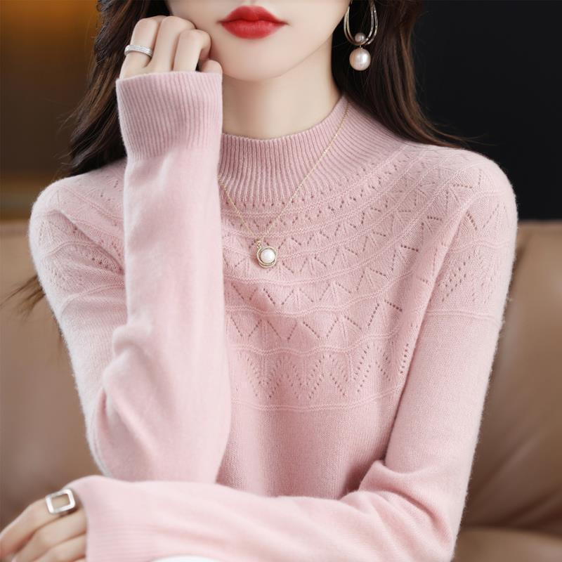 Women's Slimming 100% Wool Half-High Neck Sweater, Seamless Cashmere Knit Base Layer, Autumn Winter Loose Top with Hollow-Out Design