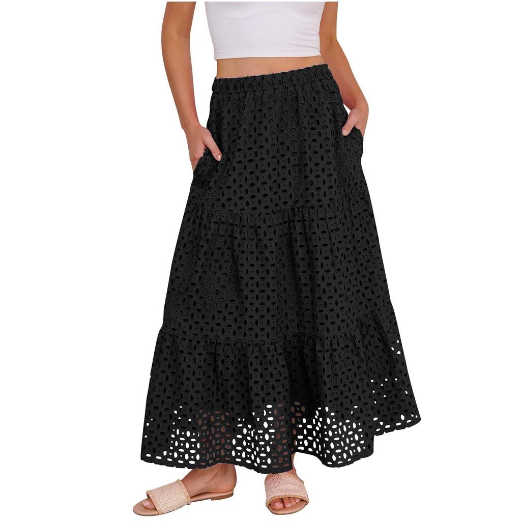 Damen Mode Farbe Bohemian Hohl Hohe Taille A-Linie Tasche Lang Lässiger Halber Rock