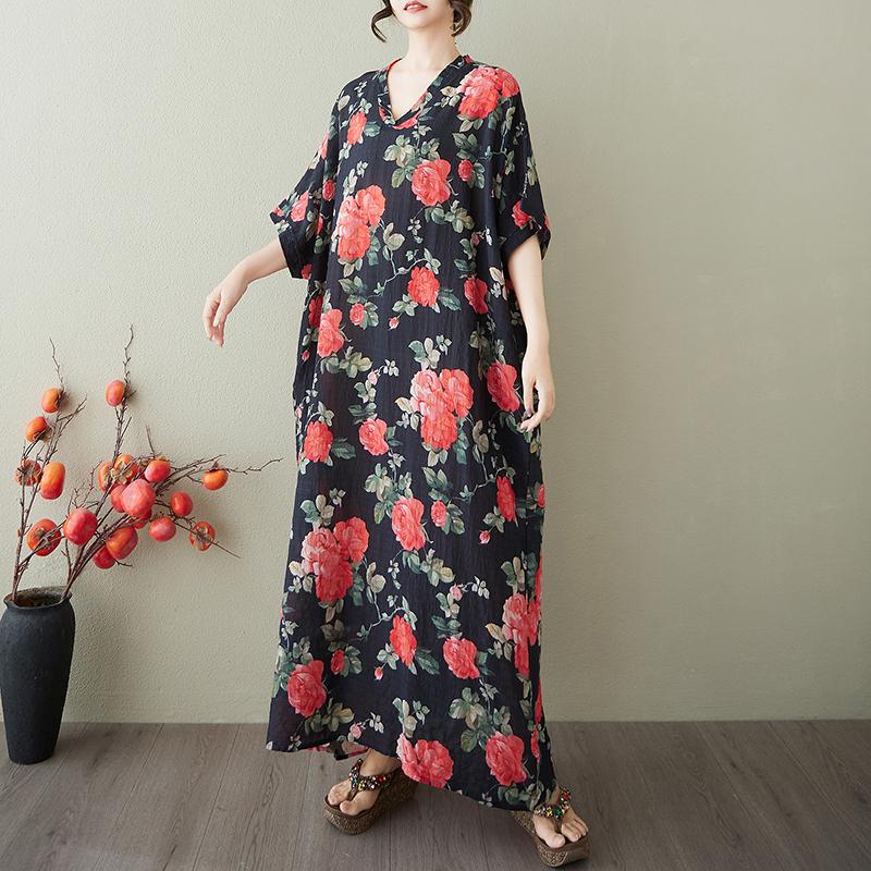 

DIMANAF 2025 Летнее платье больших размеров для женщин Повседневное винтажное платье-рубашка с V-образным вырезом Свободное базовое платье с принтом One size