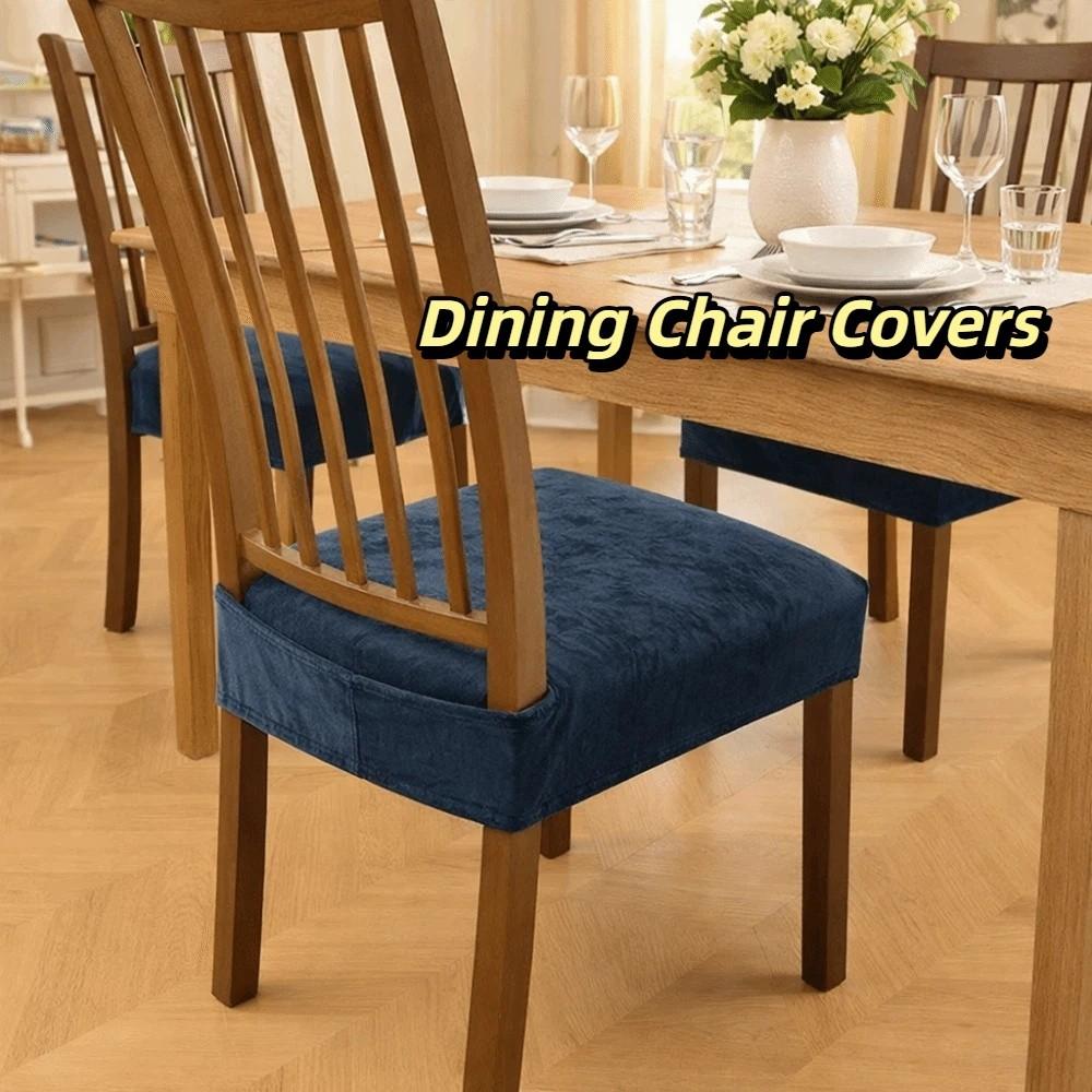 Elastic Velvet Dining Chair Covers Dust-Proof Fixed Strap Chair Slipcover Non-Slip Design Removable Seat Cushion Covers