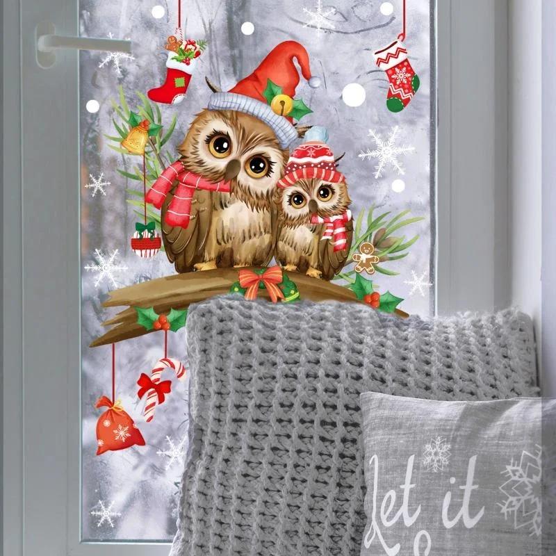 Christmas Branch Cartoon Owl Glass Sticker Christmas Window Decoration Sticker Self-adhesive Wall Sticker