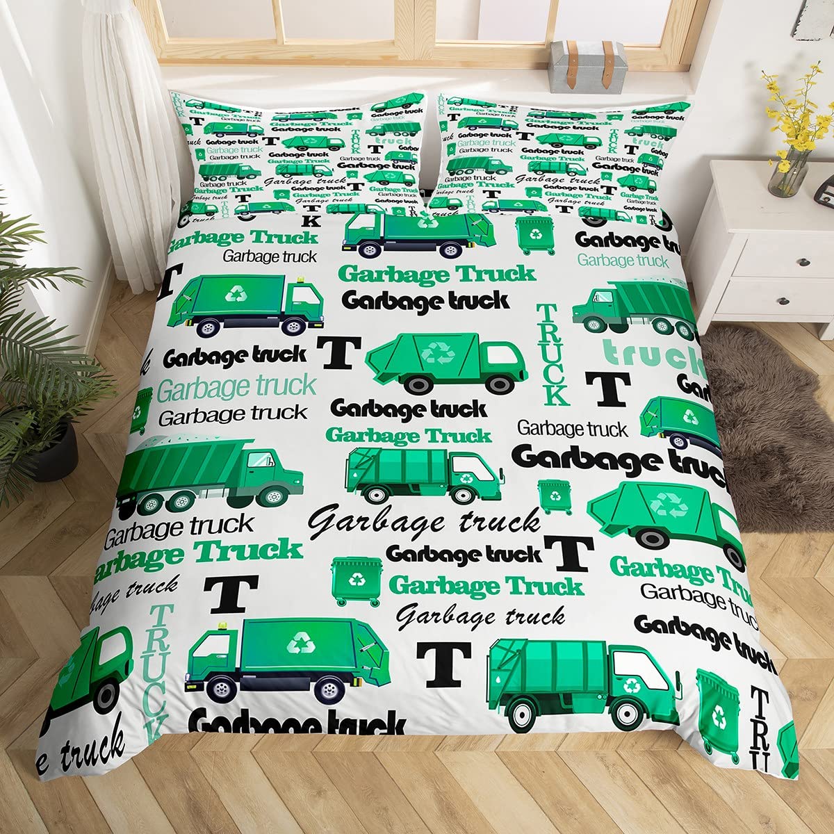Kinderen Jongens Groen Vuilniswagen King Queen Dekbedovertrek Vuilniswagen Dekbedovertrek Voertuig Auto Beddengoedset Polyester Quilthoes 70x133cm 2pcs