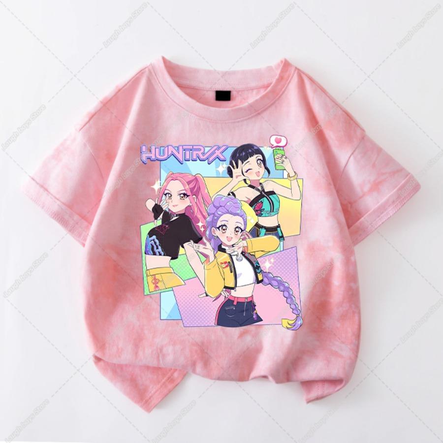 Kawaii KPop Demon Hunters Tie-dye T-shirt Girls Short Sleeve Tops Rumi Mira Zoey Printed Tee Shirts Summer Children's Clothing