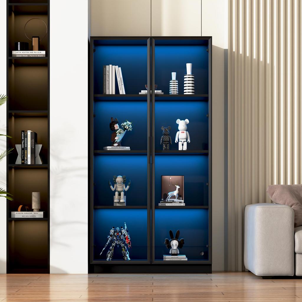 Glasvitrine LED-Lichtern 2er-Set, doppeltürige Schwarz viel Stauraum, Modern Einlegeböden, Bücherschrank Standvitrine Wohnzimmer Büro