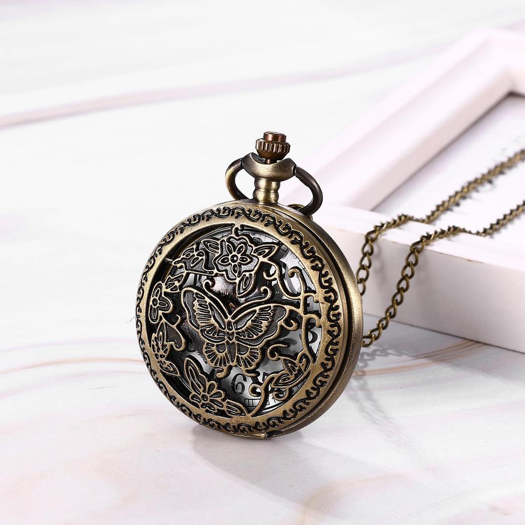Pocket Watch Antique Butterfly Skeleton Analog Display Waterproof With Cover Pendant Necklace Chain Bronze Retro Fashion Accessory Birthday