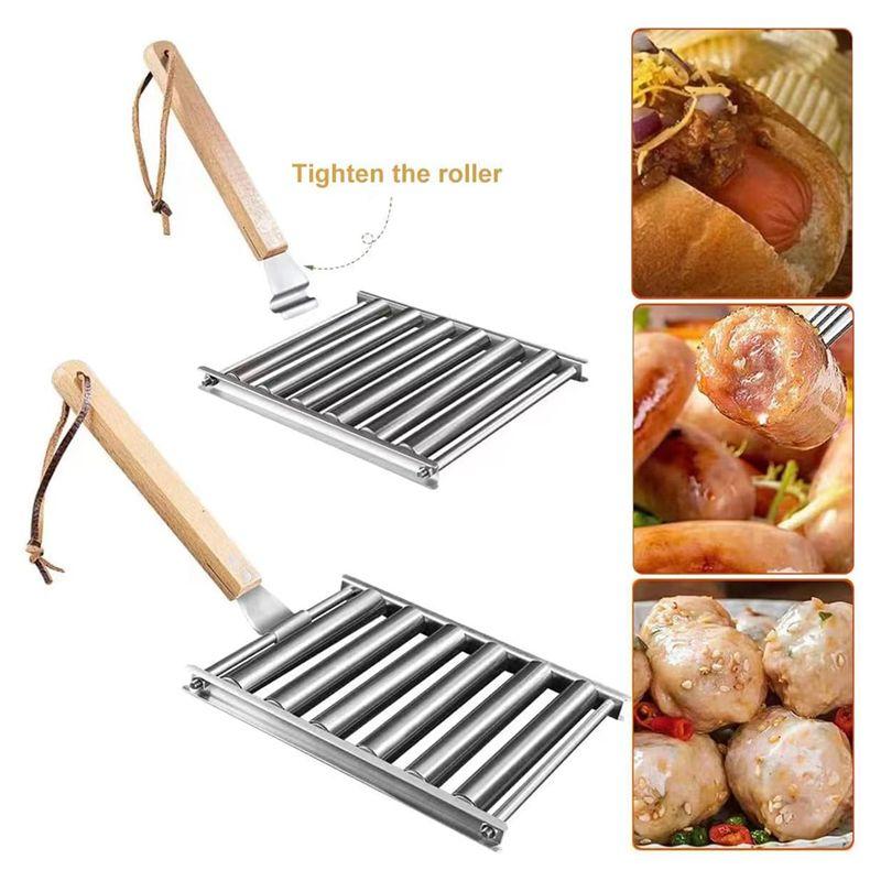 ABUL-Hot Dog Roller Stainless Steel Sausage Roller Rack With Wood Handle, BBQ Hot Dog Griller For Evenly Cooked Hot Dog