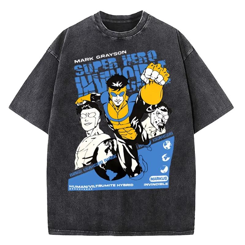 Invincible Hero Vintage Washed T Shirts High Quality Cotton Clothes Short Sleeve Crew Neck Tee Shirt Summer T-Shirts