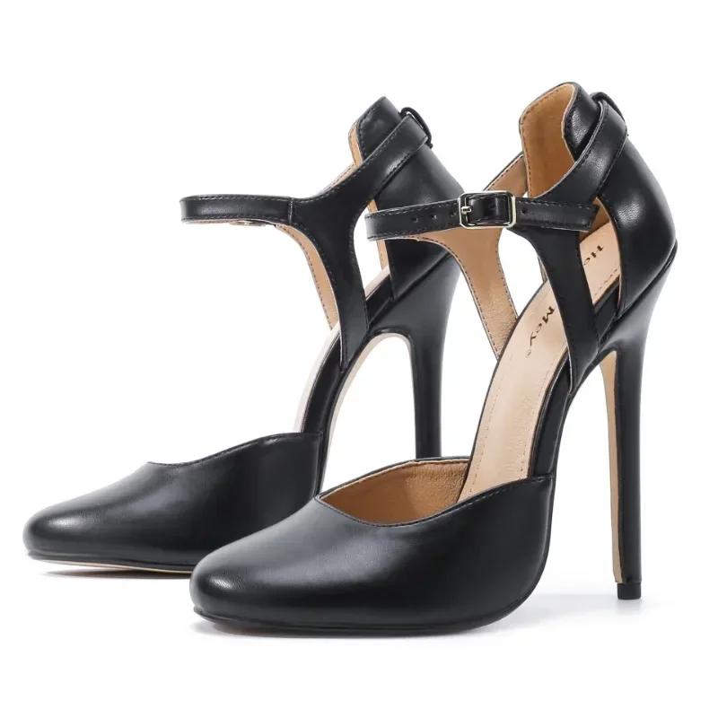 Neue Modenschau Sexy Sandalen Damen Klassiker Schnallenriemen PU 14CM Dünne Absätze Mode Damen Pumps Damenschuhe Pumps Schwarz