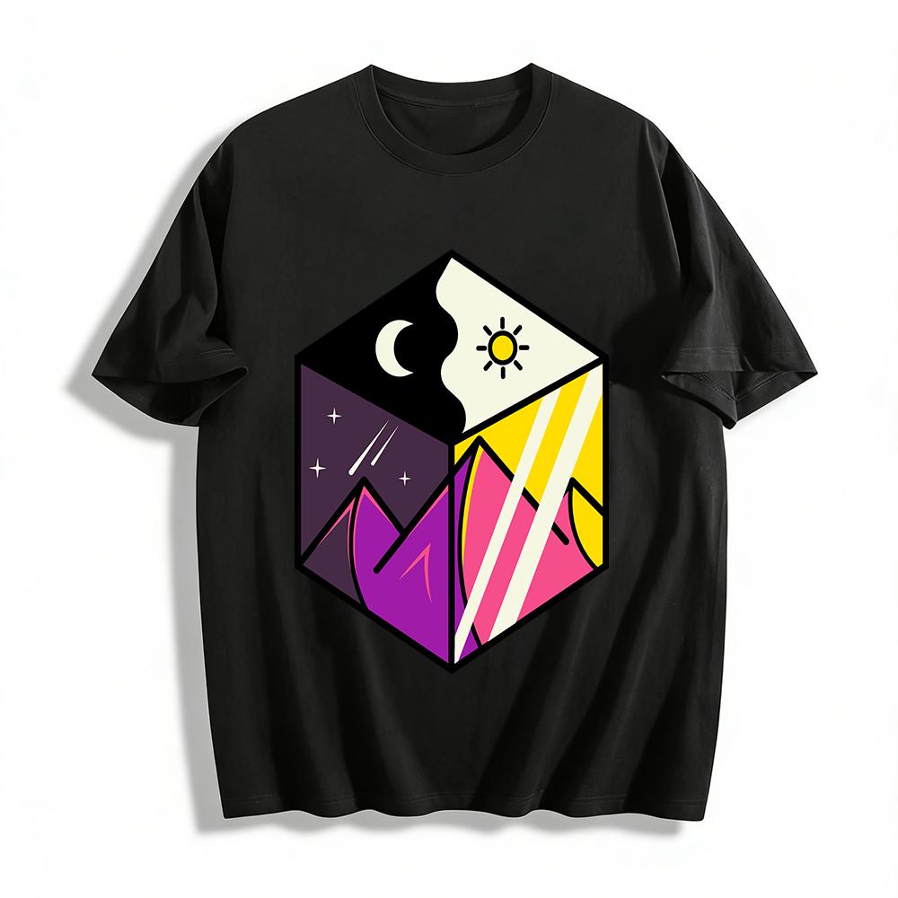 

Day Night Mountain Print Casual T-Shirt Unisex Trendy Top Pure cotton T-shirt XXS