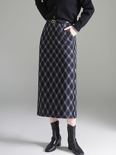 Syvent Narrow Long Plaid Plus Elastic Midi High Long Skirt with Simple ZSY111 A-Line Skirt, Skirt, Pattern, Size, Waist, Tweed, Slit, Length, Waist,