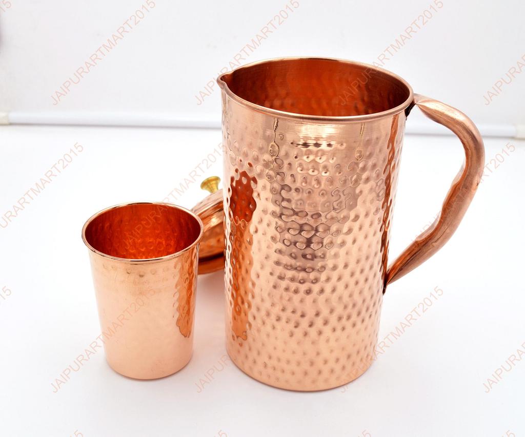 Copper Water Jug with 1 Glass for Drinking Water, Hammered Copper Pots Set