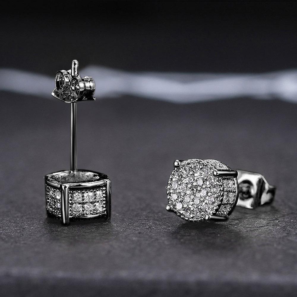 Cao Shi European and American Style Full Diamond Hip Hop Men's Stud Earrings with Micro-Inlaid Zircon and Electroplated Round Design