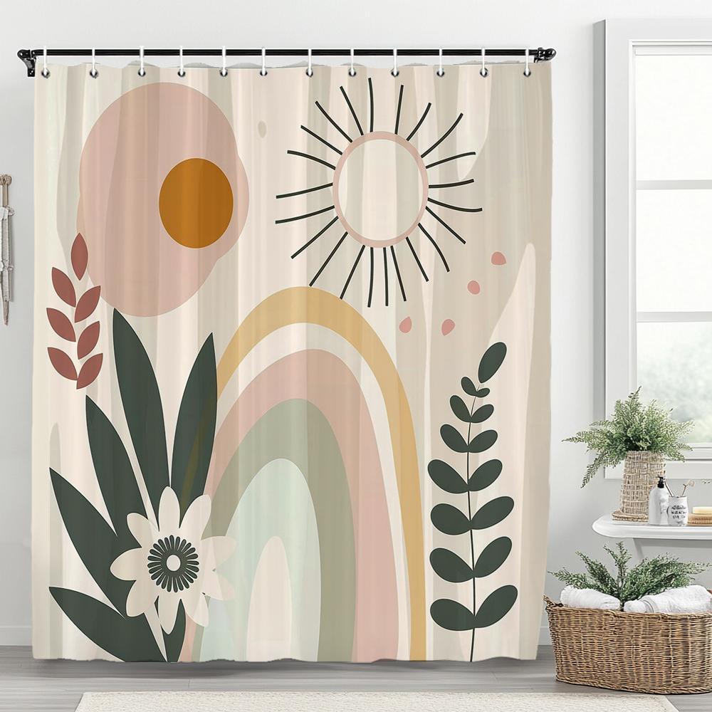 Boho Abstrakt Cartoon Regenbogen Muster Duschvorhang, Moderner Minimalistischer Badezimmer Vorhang, Heimdeko Vorhang Mit Haken