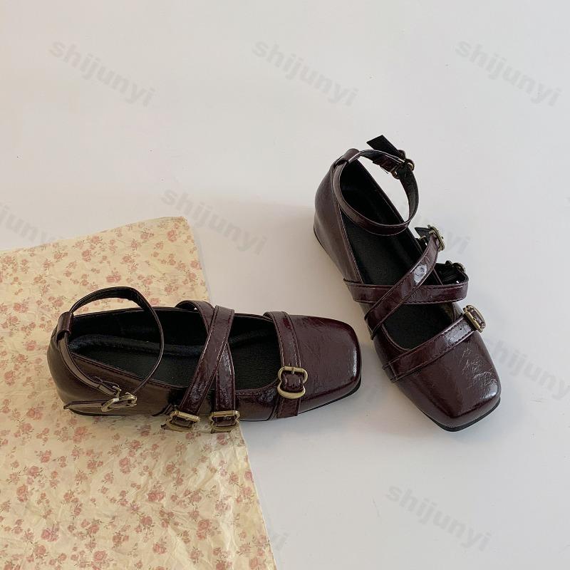 Woman's Mary Jane Shoes Fashion Square Toe Cross Buckle Strap Height Increase Flat Shoes Elegant Versatile Shallow Wedge Heels