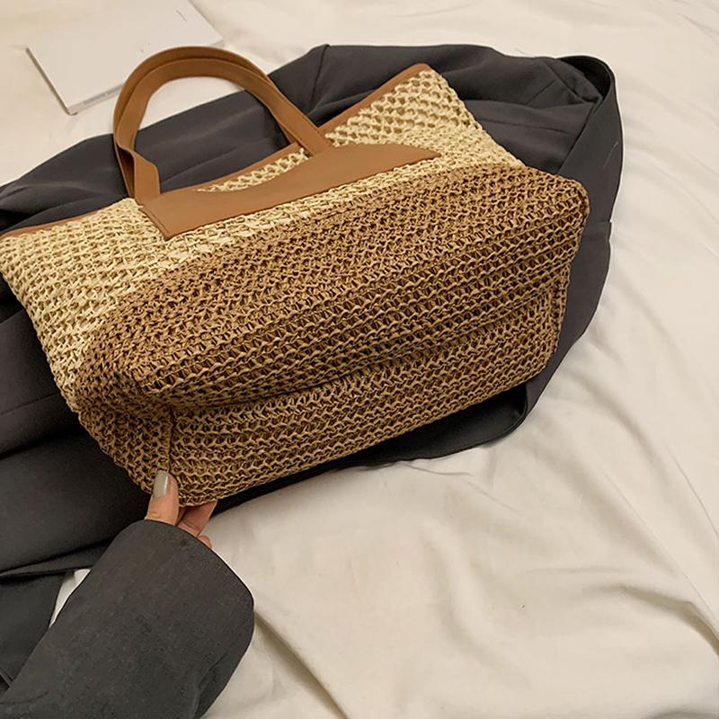 Women Crochet Beach Handbag PU Patchwork Weaving Travel Bag Contrast Color Simple Shoulder Bag Ladies Summer Daily Bag