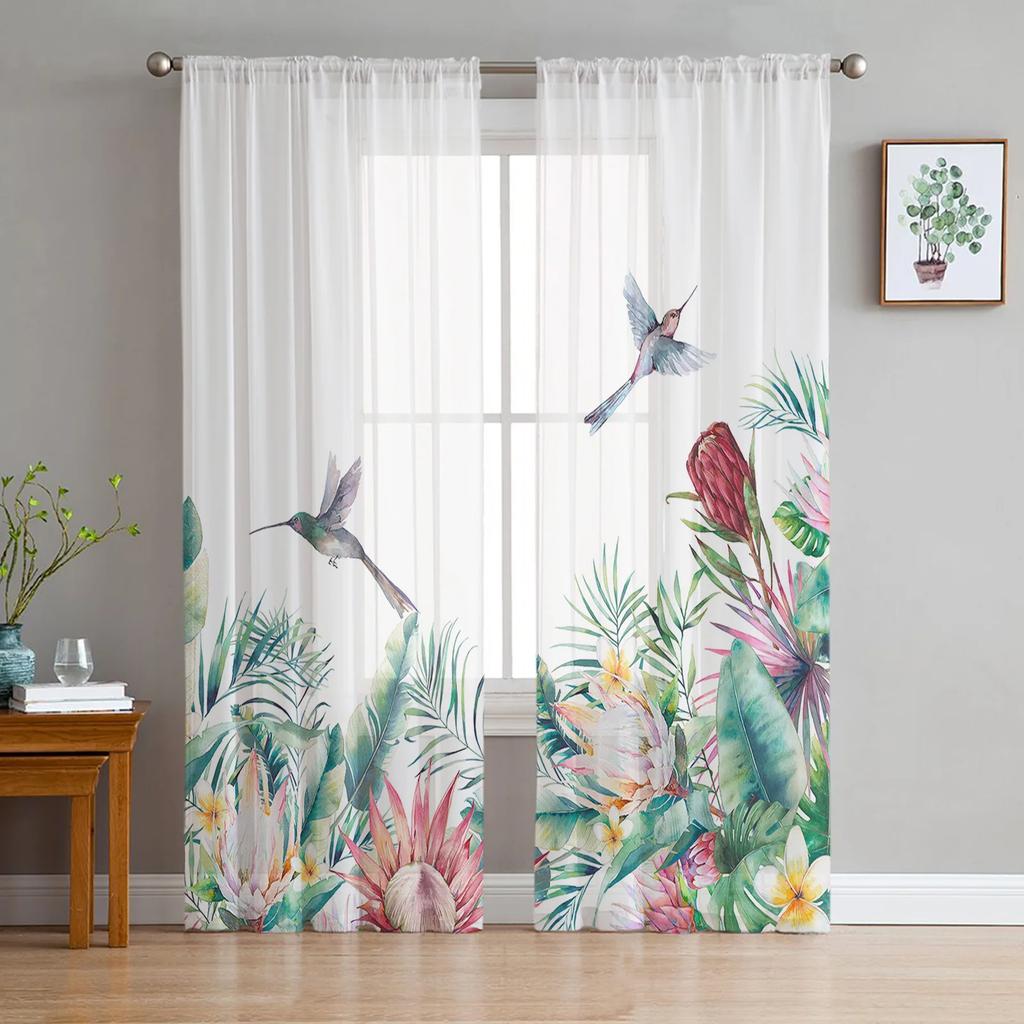 Summer Green Leaves Bird Watercolor Sheer Curtains for Living Room Decoration Window Curtain Kitchen Tulle Voile Organza Drapes