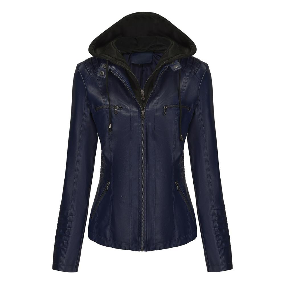 

Two-piece Hooded Leather Jacket, Detachable Plus Size Leather Jacket, Women s Spring and Autumn Jacket, Women s PU Washed Leather M темно-синього кольору
