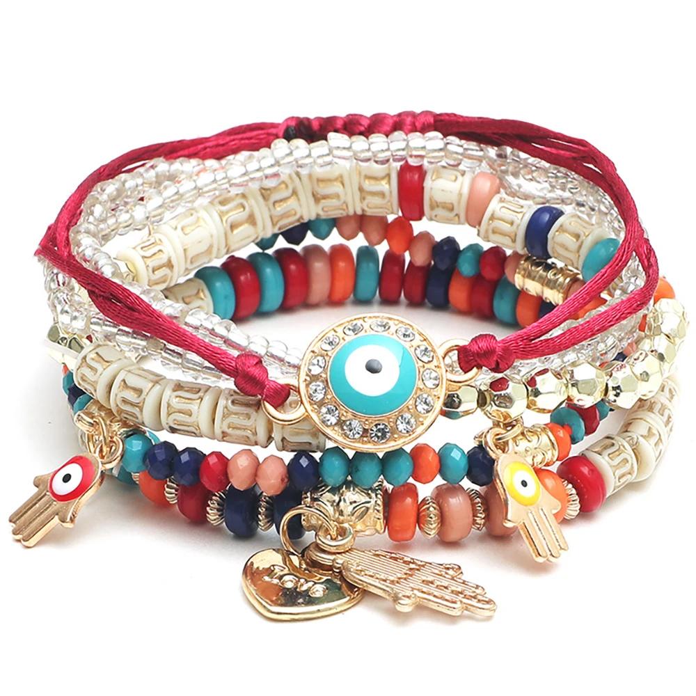 Bohemian Handmade Bracelet Set For Women Fatima Hand Evil Eye Heart Charm Adjustable Rope Chain Bangle Men Daily Wear Jewelry