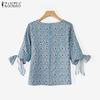 ZANZEA Blusa Feminina Casual de Gola Redonda com Cadarço, Manga 3/4 Solta com Estampa