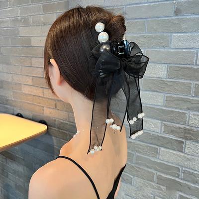 Bows Pearl Large Hair Grab Clip Super Fairy Gauze Ribbon Shark Pin Back Of The Head Female Accessories For Women