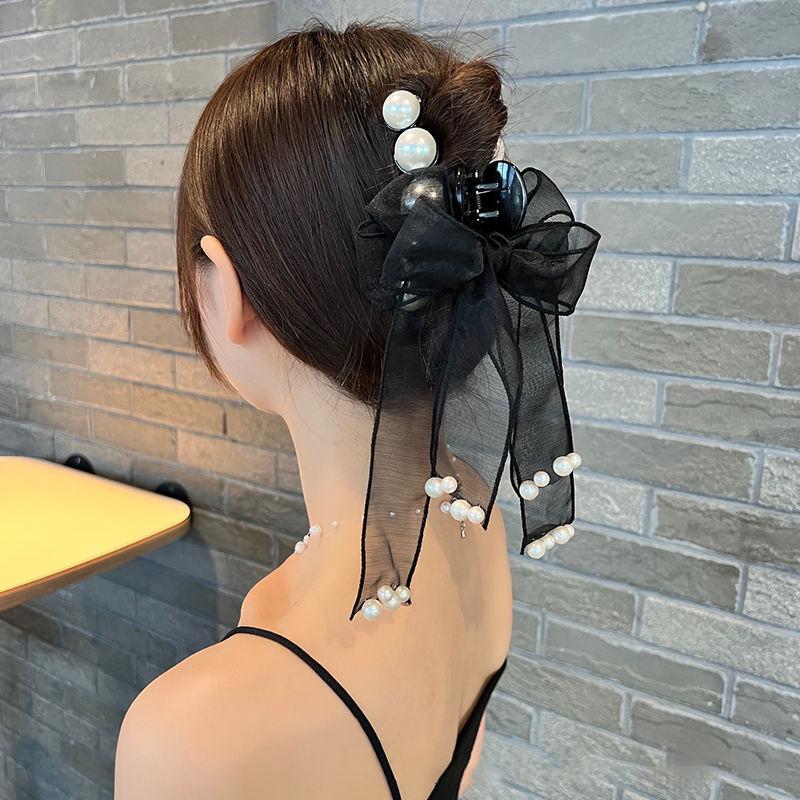 Bows Pearl Large Hair Grab Clip Super Fairy Gauze Ribbon Shark Pin Back Of The Head Female Accessories For Women